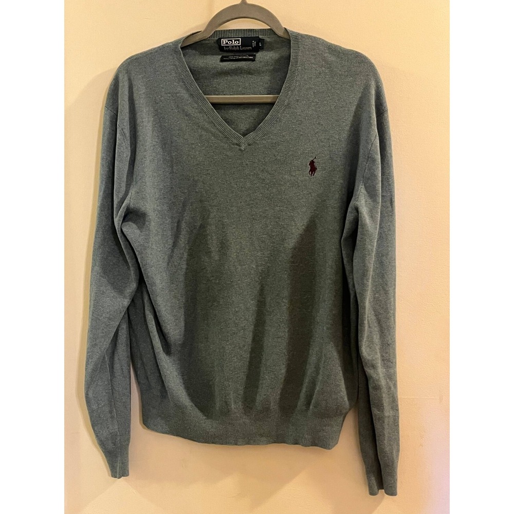 Polo By Ralph Lauren‎ Pullover Sweater Men L Grey Long Sleeve V-Neck Pima Cotton